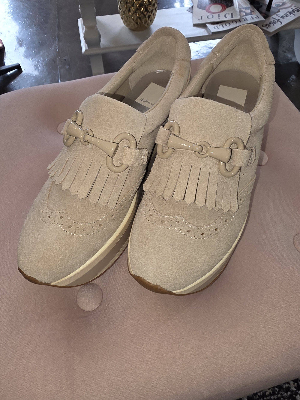 Dolce Vita Beige Suede Kiltie Loafers with Bit Accent